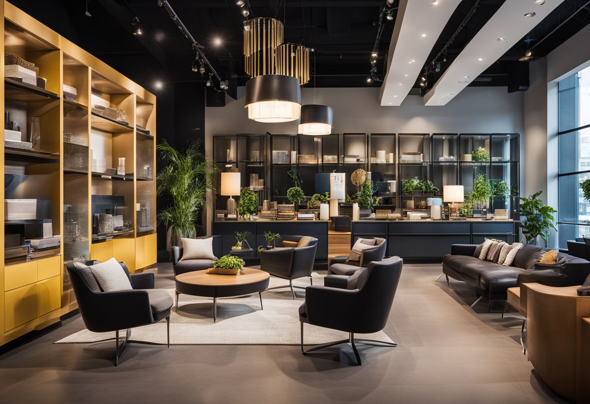 A modern furniture showroom with sleek displays and vibrant decor. Customers browse through the stylish selection, while friendly staff assist with inquiries