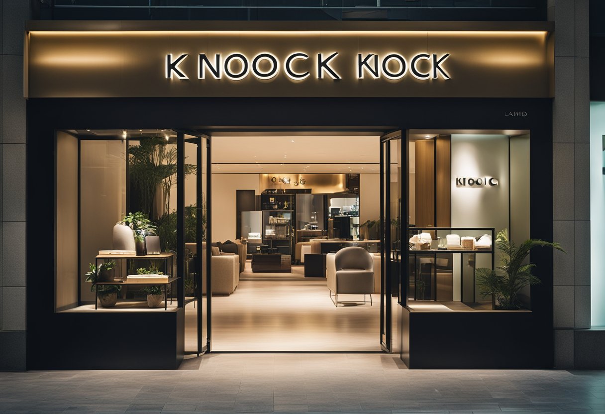 A sleek, modern furniture store in Singapore with a prominent "knock knock" sign on the door. Bright lighting highlights the stylish displays inside