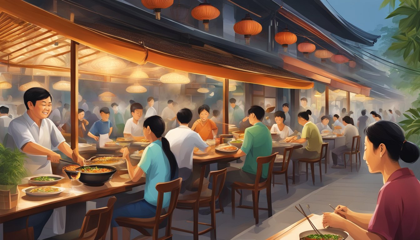 A bustling Cantonese restaurant in Singapore, filled with the aroma of sizzling woks, steaming bamboo baskets, and diners enjoying traditional delicacies