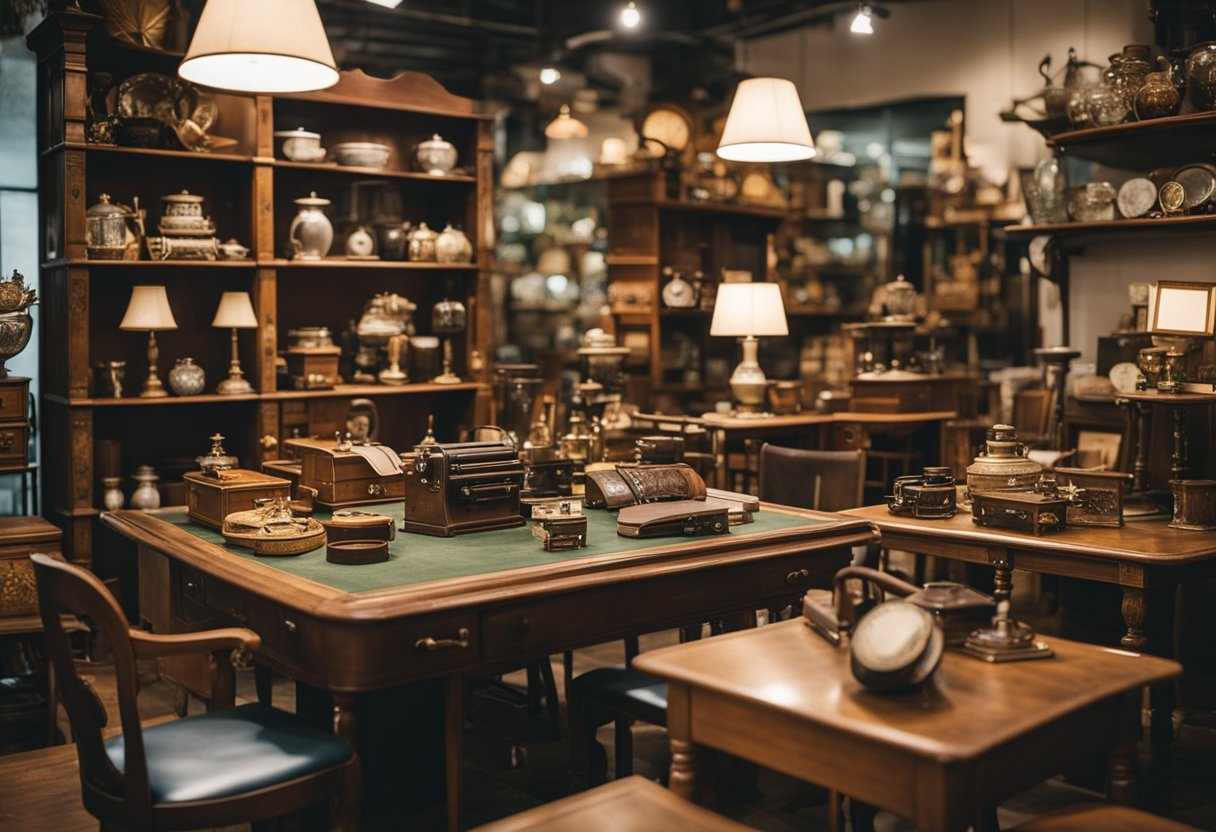 Various vintage furniture pieces displayed in a cluttered Singapore shop. Prices are marked on worn wooden tables and chairs