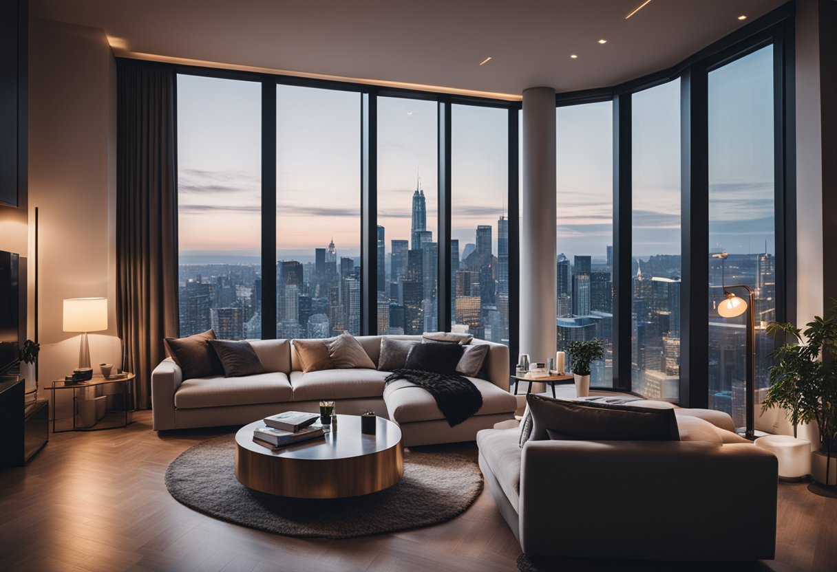 A cozy living room with modern furniture, warm lighting, and a view of the city skyline through large windows