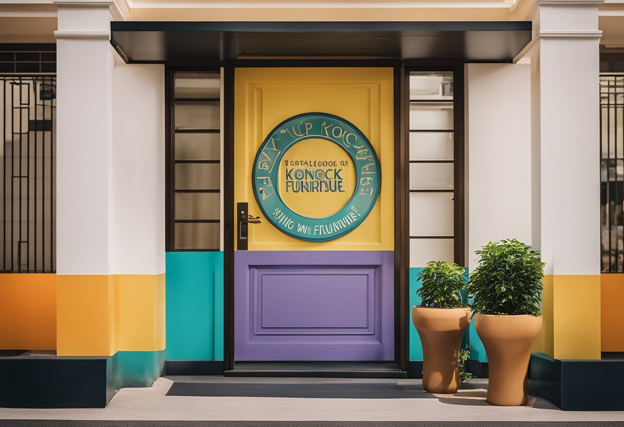 A colorful door with a "Knock Knock" sign, surrounded by modern furniture and the words "Stay Updated with Knock Knock knock knock furniture singapore."