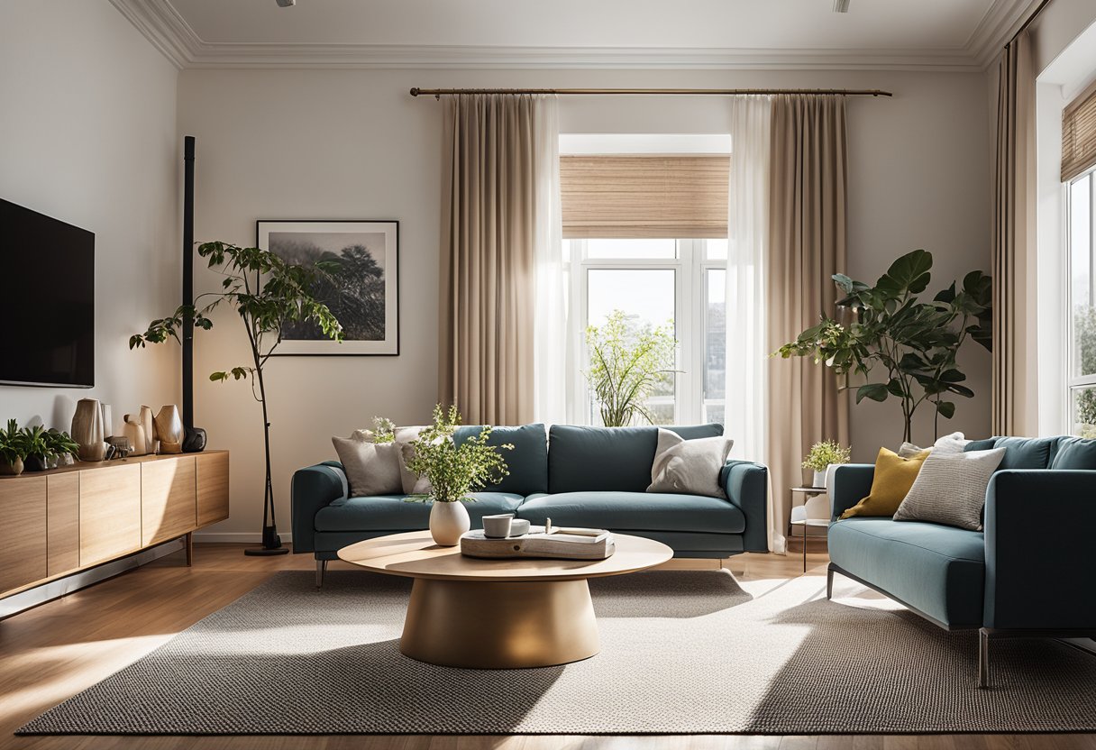 A cozy living room with modern furniture, a sleek coffee table, and a comfortable sofa. Bright sunlight streams through the window, casting a warm glow on the space