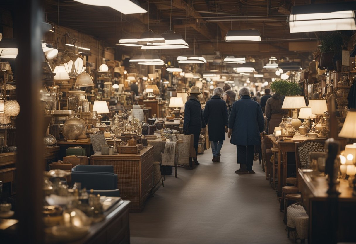 A bustling market with an array of second-hand furniture, from vintage chairs to ornate cabinets. Shoppers browse through the eclectic selection, while sellers showcase their unique finds