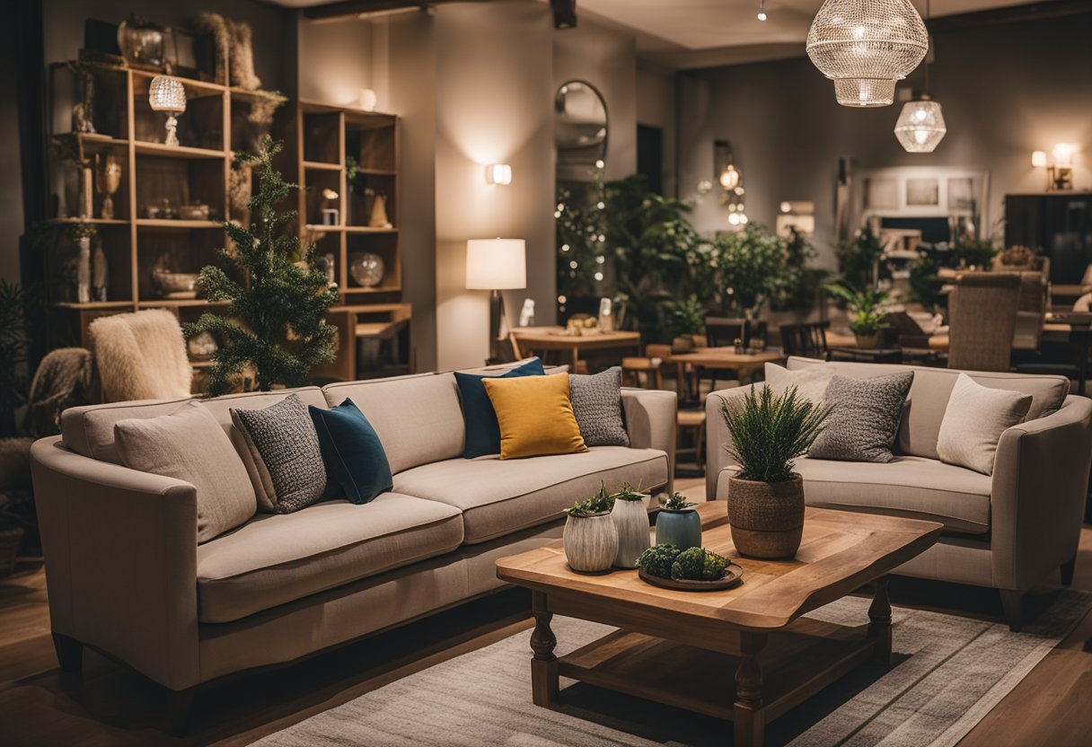 A cozy living room with a variety of second-hand furniture pieces on display, including sofas, tables, and chairs. Bright lighting and a welcoming atmosphere invite customers to explore and find value in their furniture hunt