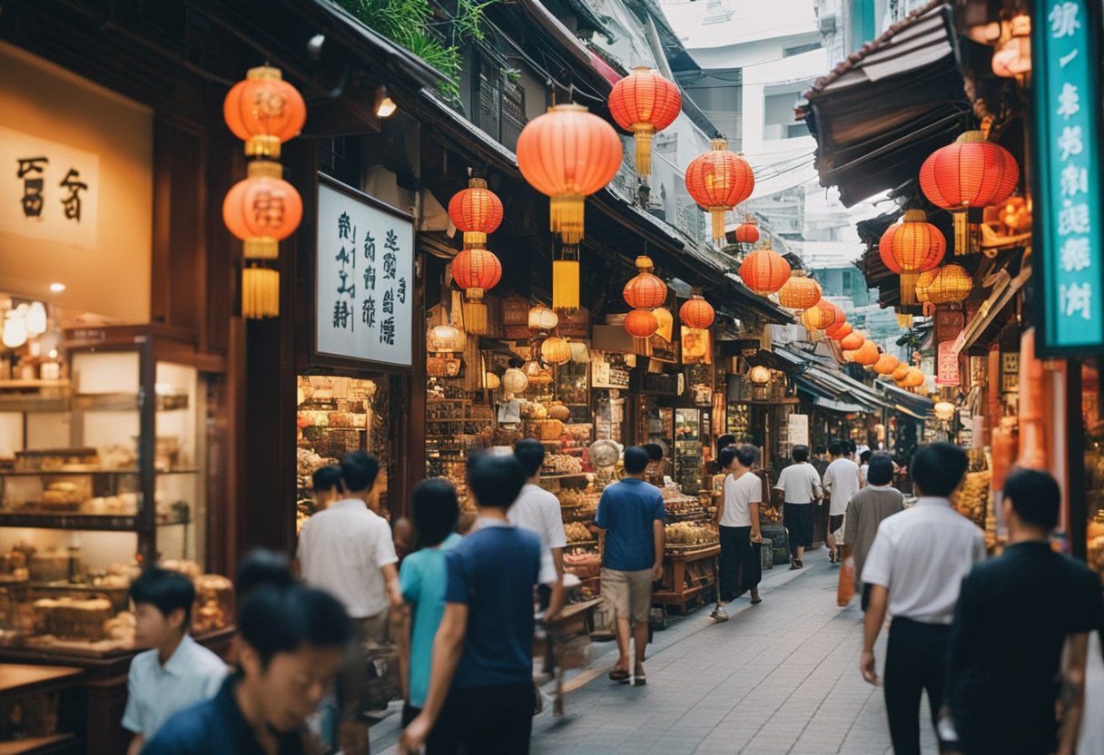 A bustling street in Singapore lined with traditional Chinese furniture shops. Brightly colored signs and intricate wooden pieces fill the storefronts