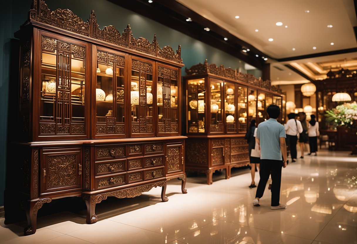 Customers browsing ornate Chinese furniture in Singapore shops. Rich wood tones and intricate carvings fill the space. Bright lighting highlights the beauty