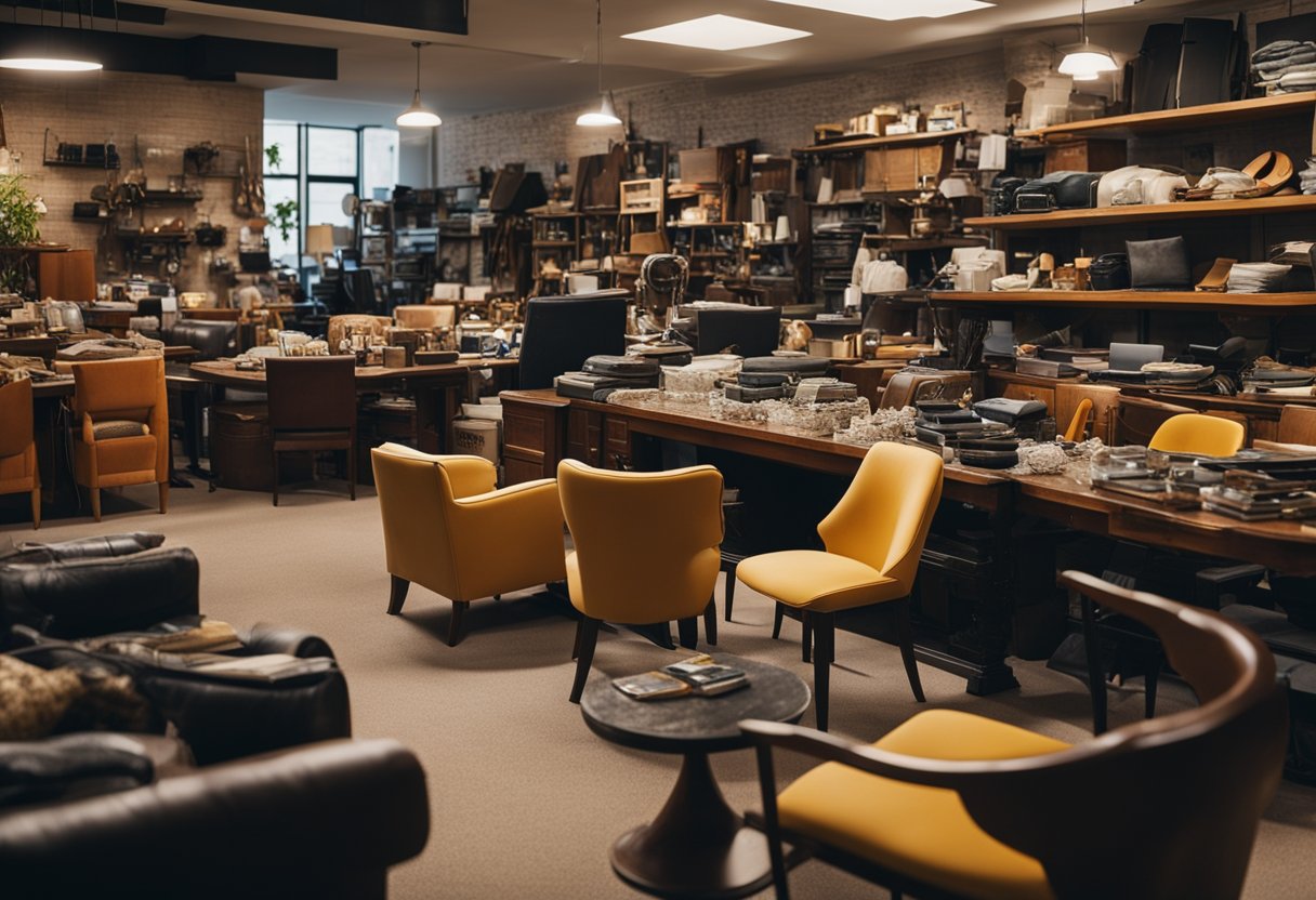 A cluttered room with various second-hand furniture items for sale, including chairs, tables, and shelves. Signs and price tags are visible