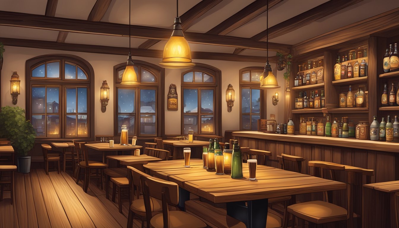 A cozy, traditional German restaurant with wooden tables, dim lighting, and beer steins lining the shelves. A warm, inviting atmosphere with a mix of modern and rustic decor