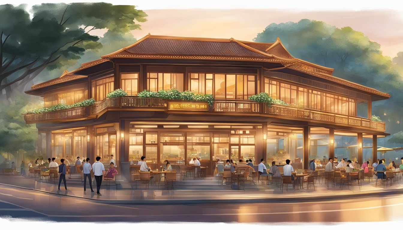 The bustling Jumbo Restaurant in Singapore exudes an inviting ambience with its warm lighting, elegant decor, and panoramic waterfront location