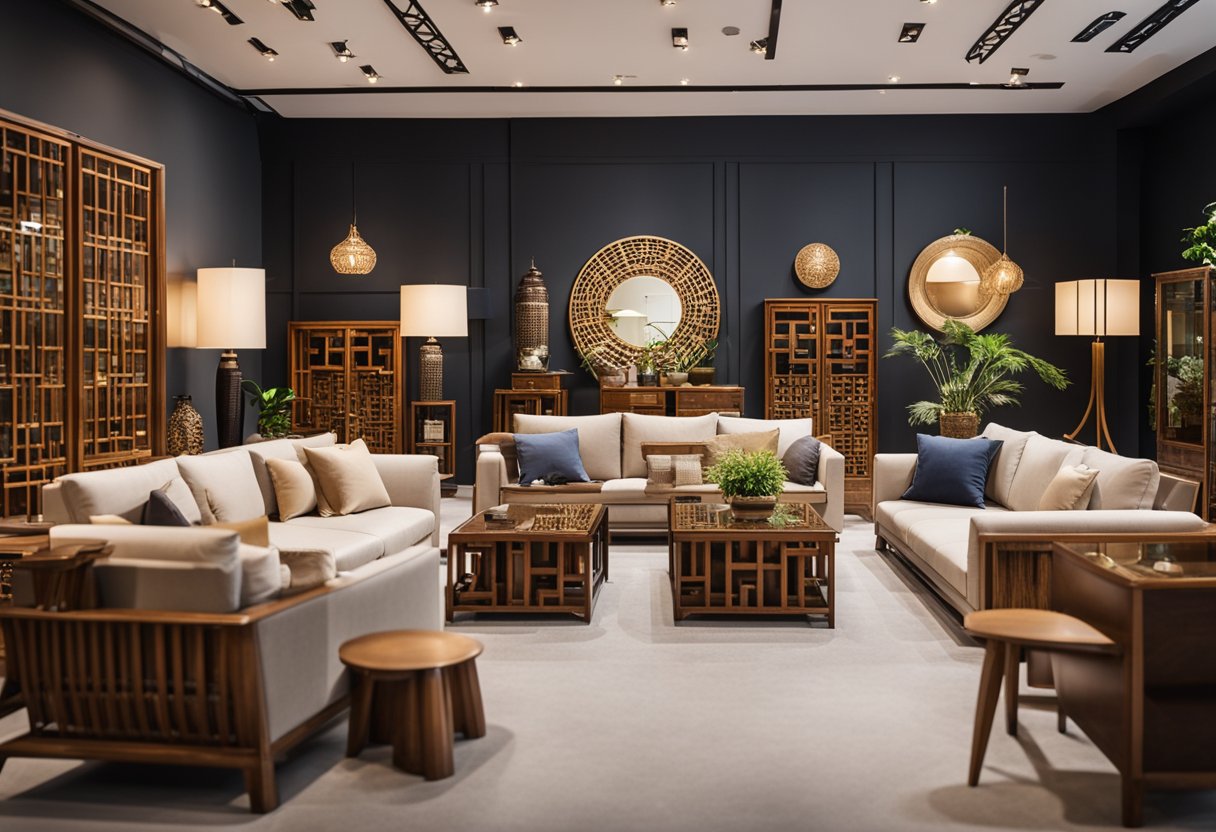 Customers browse elegant Chinese furniture in a spacious, well-lit showroom. Friendly staff offer assistance and expert knowledge