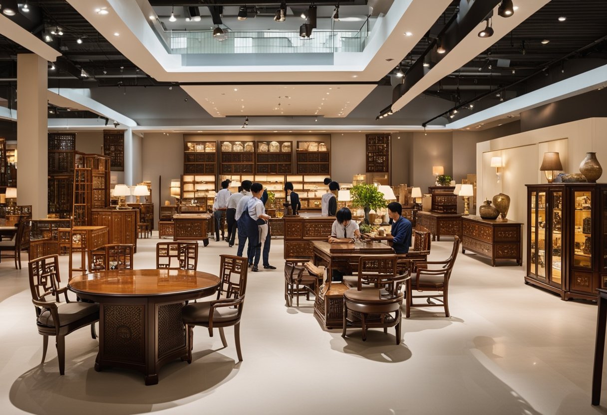 Customers browsing through various Chinese furniture in a spacious, well-lit showroom in Singapore. Displayed items include tables, chairs, and cabinets, with signs indicating "Frequently Asked Questions" for easy reference