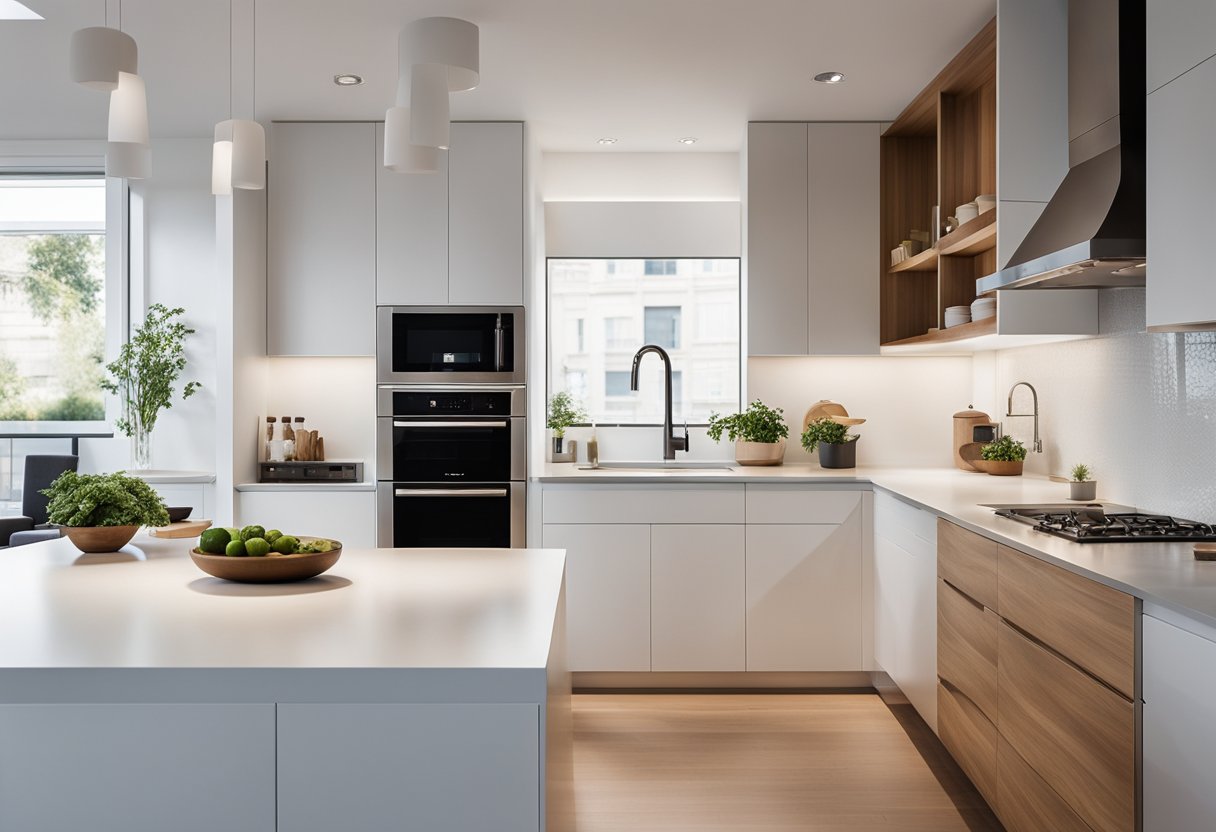 A sleek, minimalist kitchen island with clean lines, natural wood accents, and integrated storage. Light floods in from large windows, illuminating the crisp white countertops and stainless steel appliances
