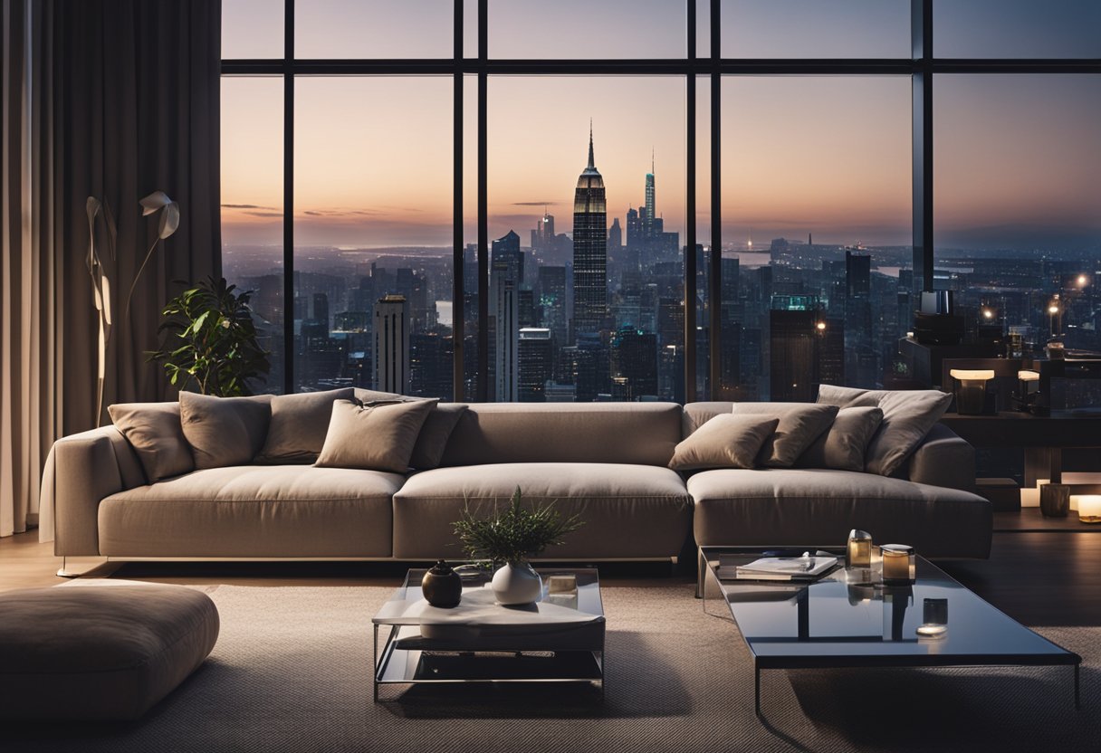 A cozy living room with modern furniture, soft lighting, and a view of the city skyline in the background