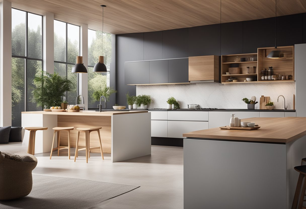 A sleek, minimalist kitchen island with clean lines, light wood, and integrated storage. A large, open space with natural light and simple, functional design
