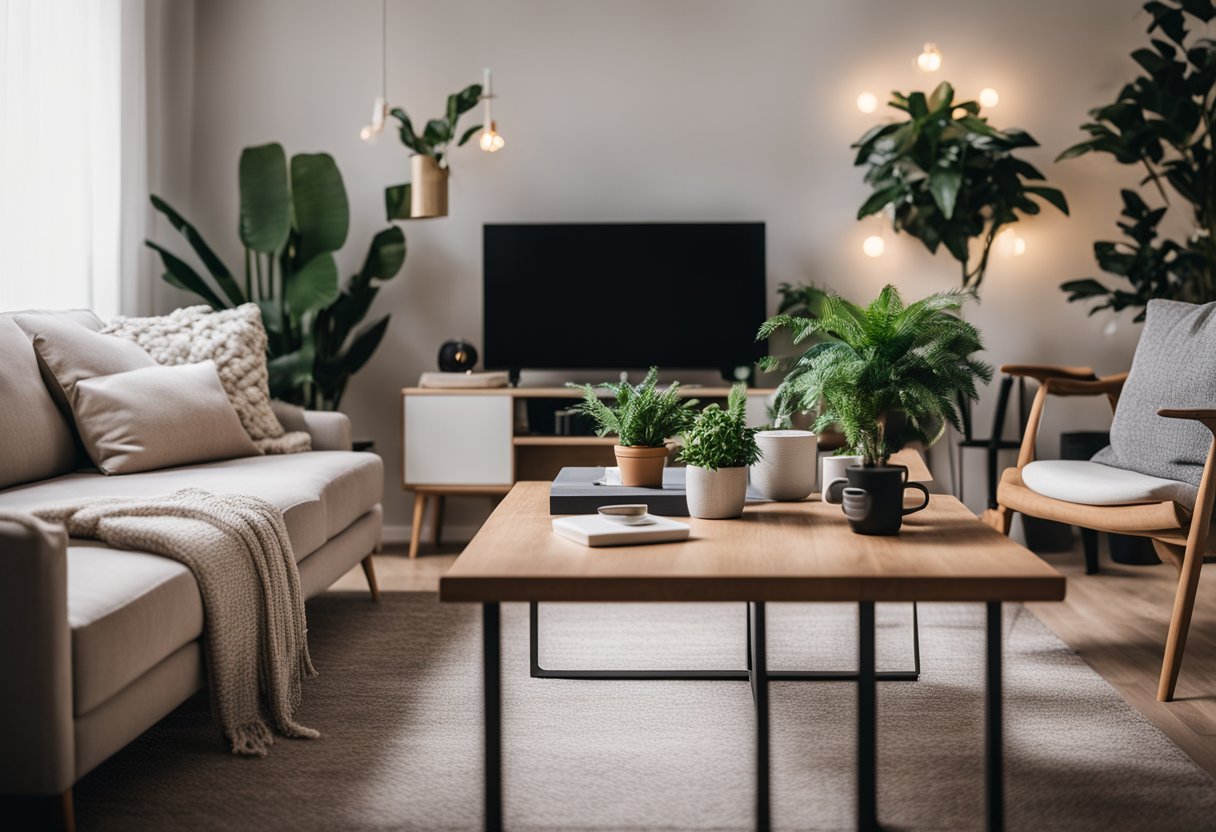 A cozy living room with modern furniture, soft lighting, and plants. A laptop on the coffee table suggests a comfortable long-term stay