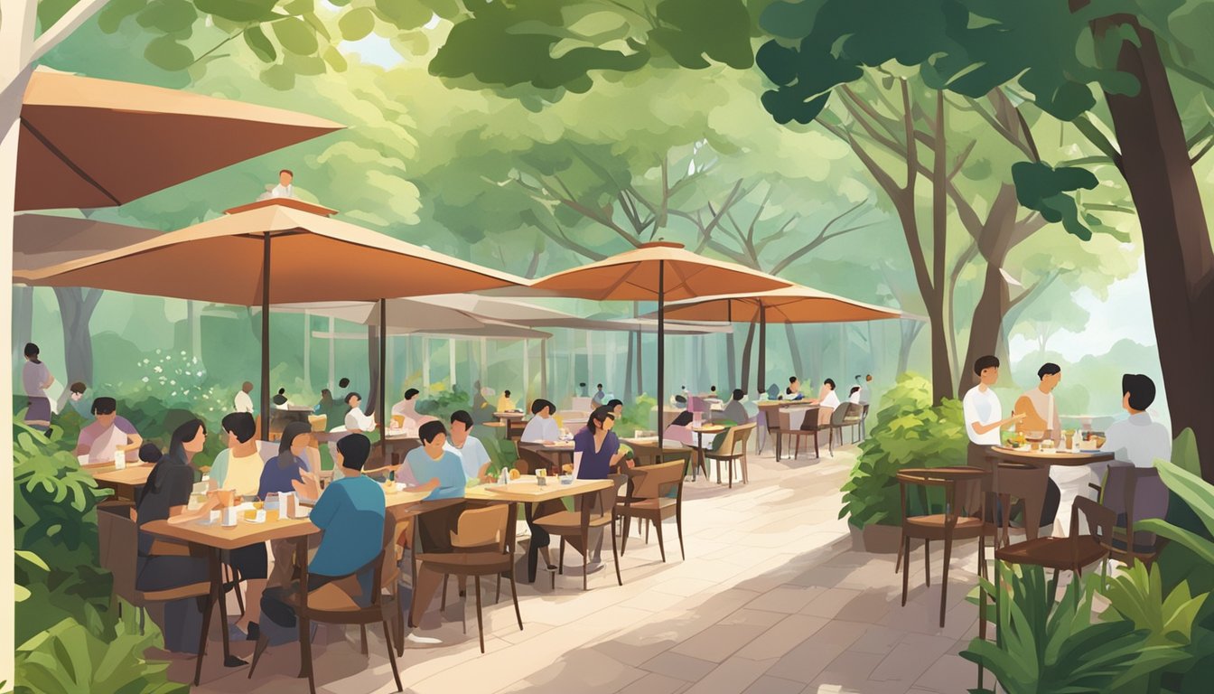 A bustling restaurant in Fort Canning Park, surrounded by lush greenery and bathed in warm sunlight. Tables are filled with diners enjoying their meals, while the aroma of delicious food fills the air