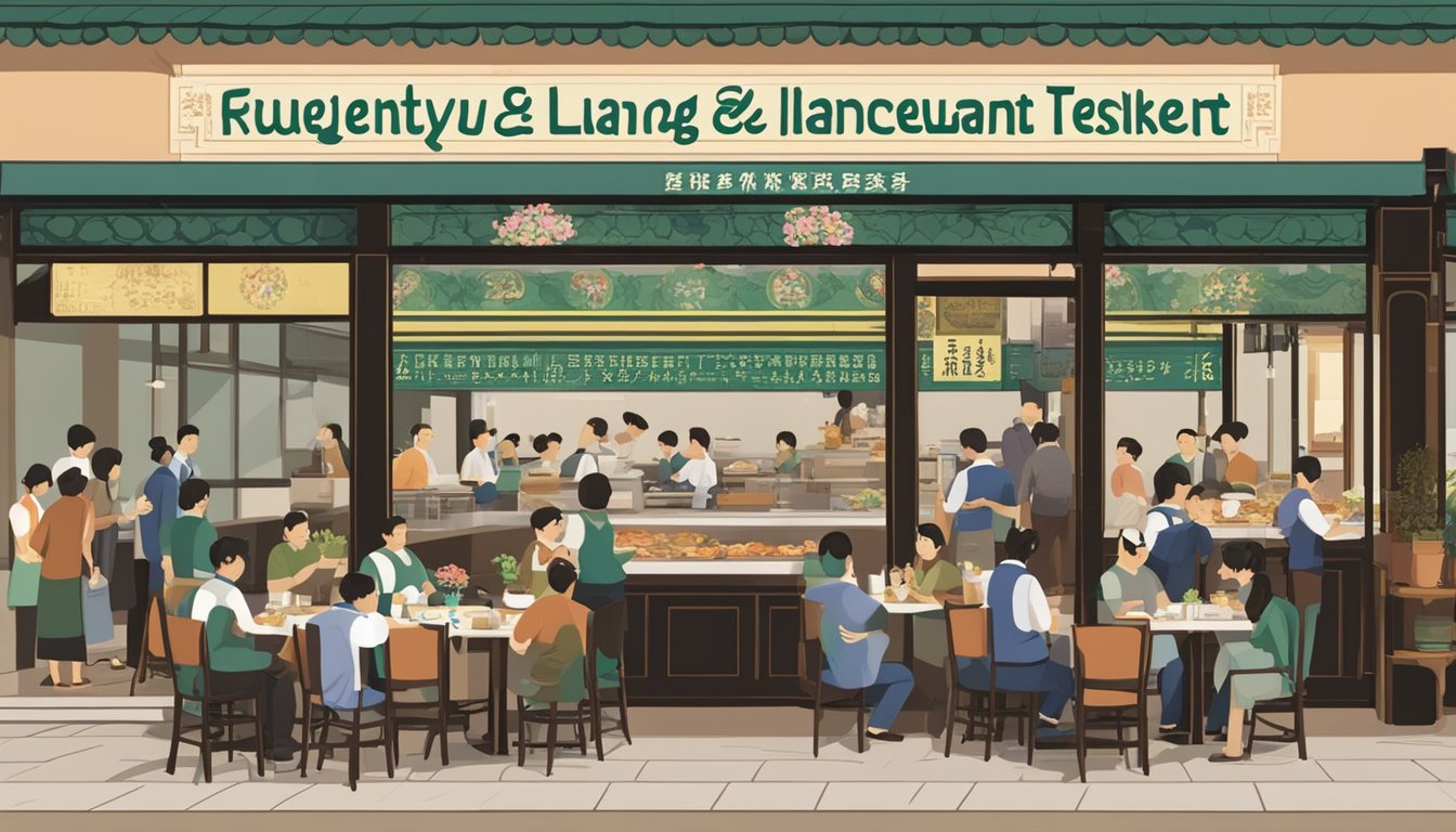 A bustling restaurant with tables filled with patrons, waiters carrying trays of food, and a sign reading "Frequently Asked Questions liang kee teochew restaurant" prominently displayed at the entrance