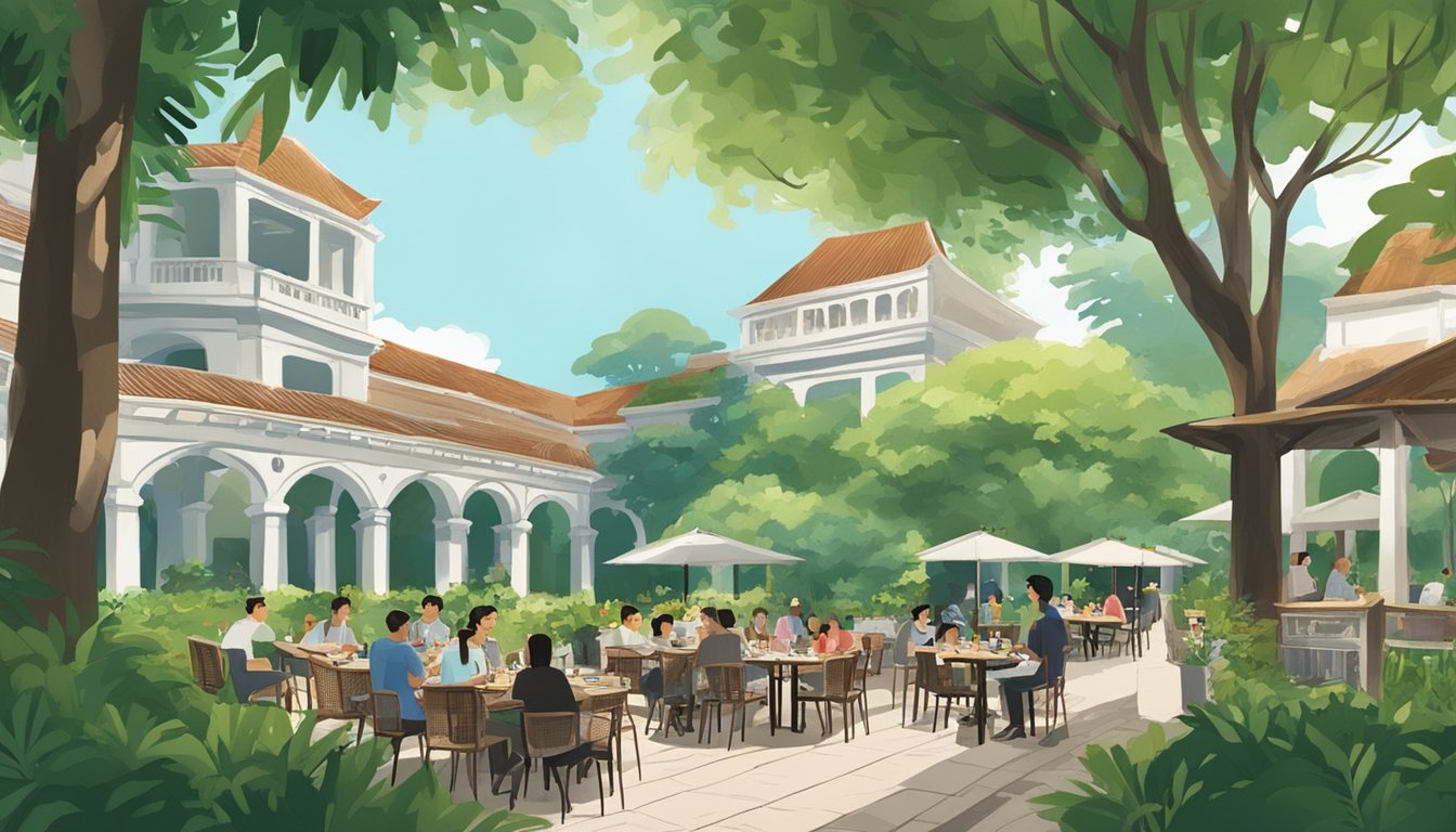 Diners enjoying a meal at a restaurant in Fort Canning Park, surrounded by lush greenery and the historic fort in the background