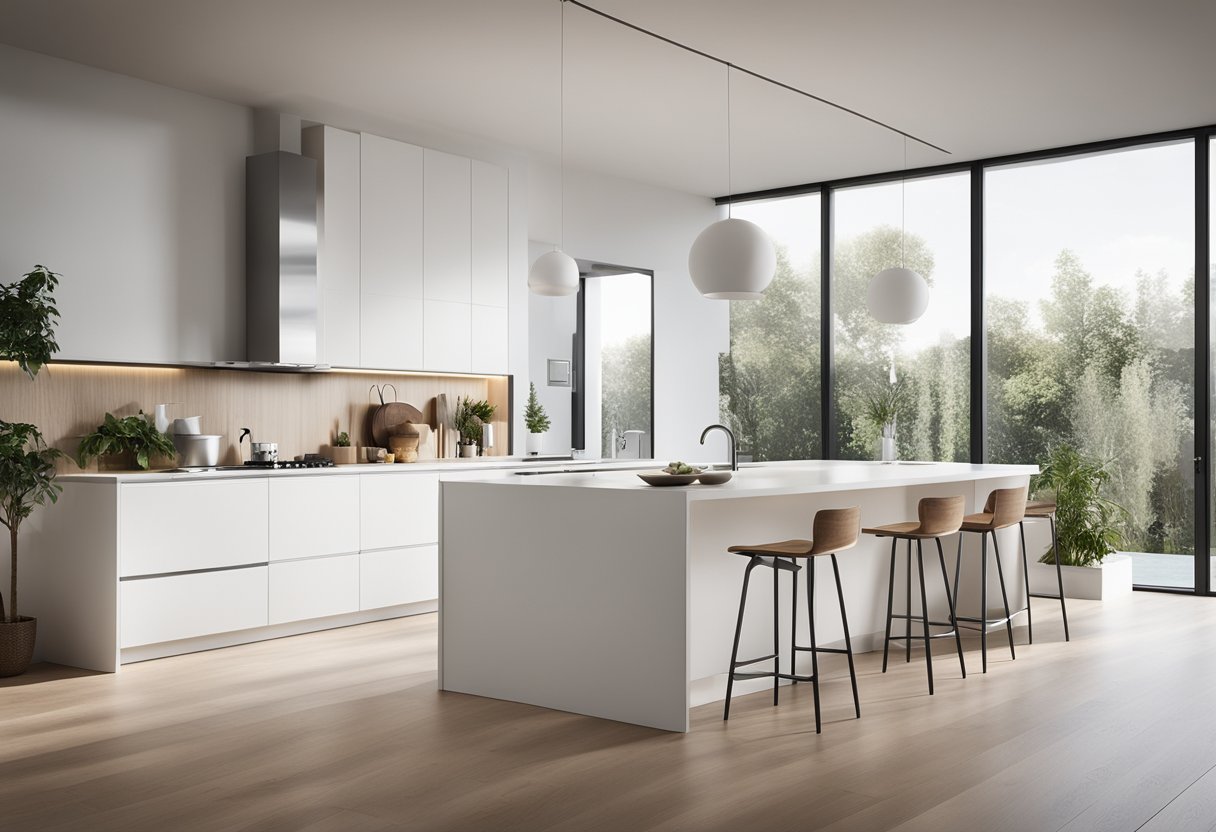 A spacious, minimalist kitchen with a sleek, white Scandinavian island at the center. Clean lines, natural wood accents, and ample natural light create a modern, inviting space