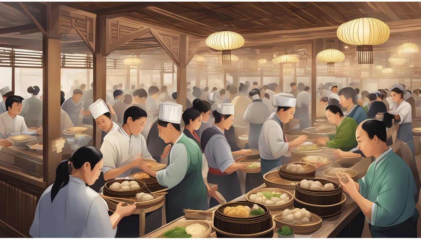 A bustling dim sum restaurant with steaming bamboo baskets, bustling chefs, and diners eagerly awaiting their delicious dumplings