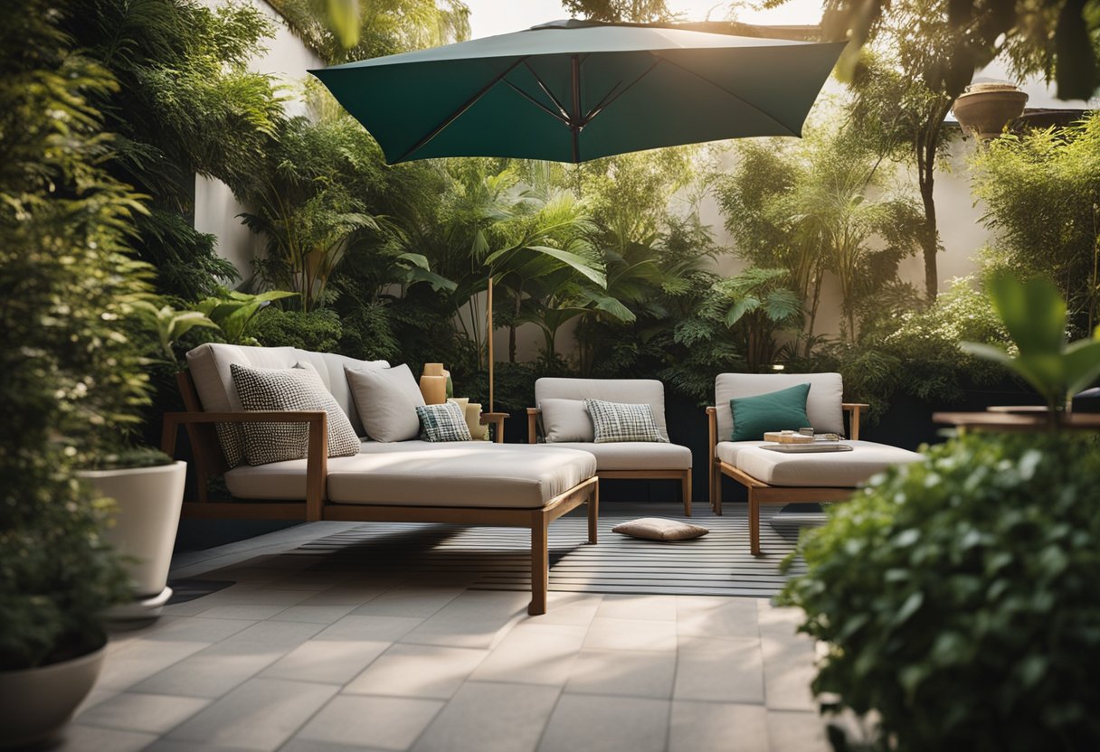 A cozy outdoor patio with modern furniture, surrounded by lush greenery and basking in warm sunlight