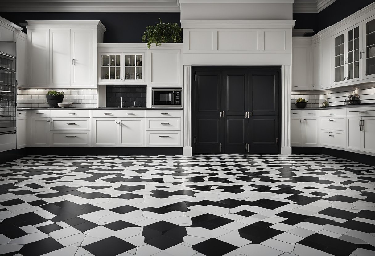 A kitchen floor with geometric tile patterns in black, white, and gray. Clean and modern design with a hint of traditional charm