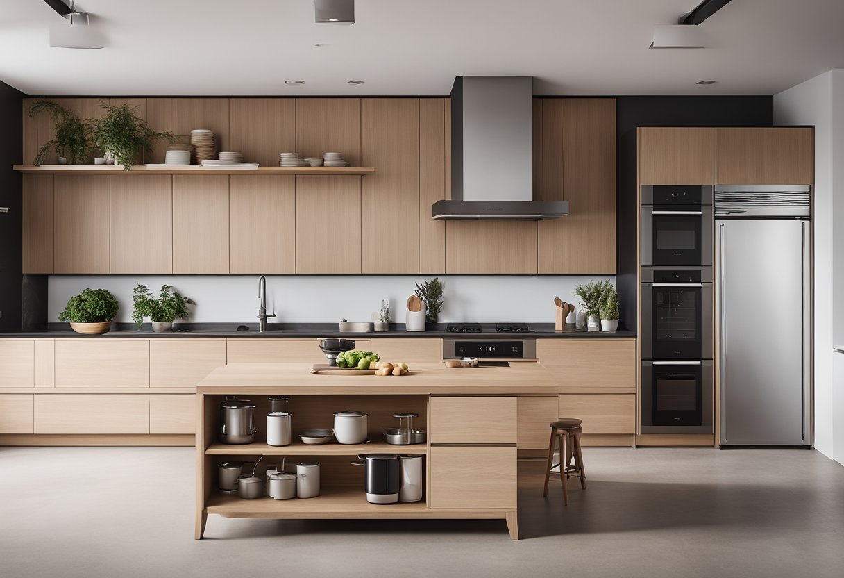 A sleek, minimalist kitchen island with clean lines and natural wood accents, surrounded by modern Scandinavian-style kitchen appliances and utensils
