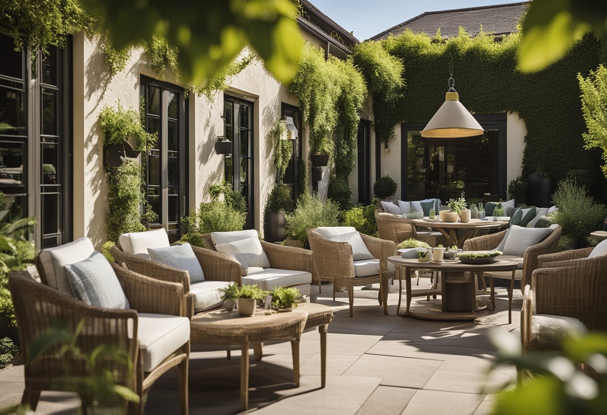 A sunny patio with a variety of outdoor furniture options on display, including tables, chairs, and loungers, surrounded by lush greenery