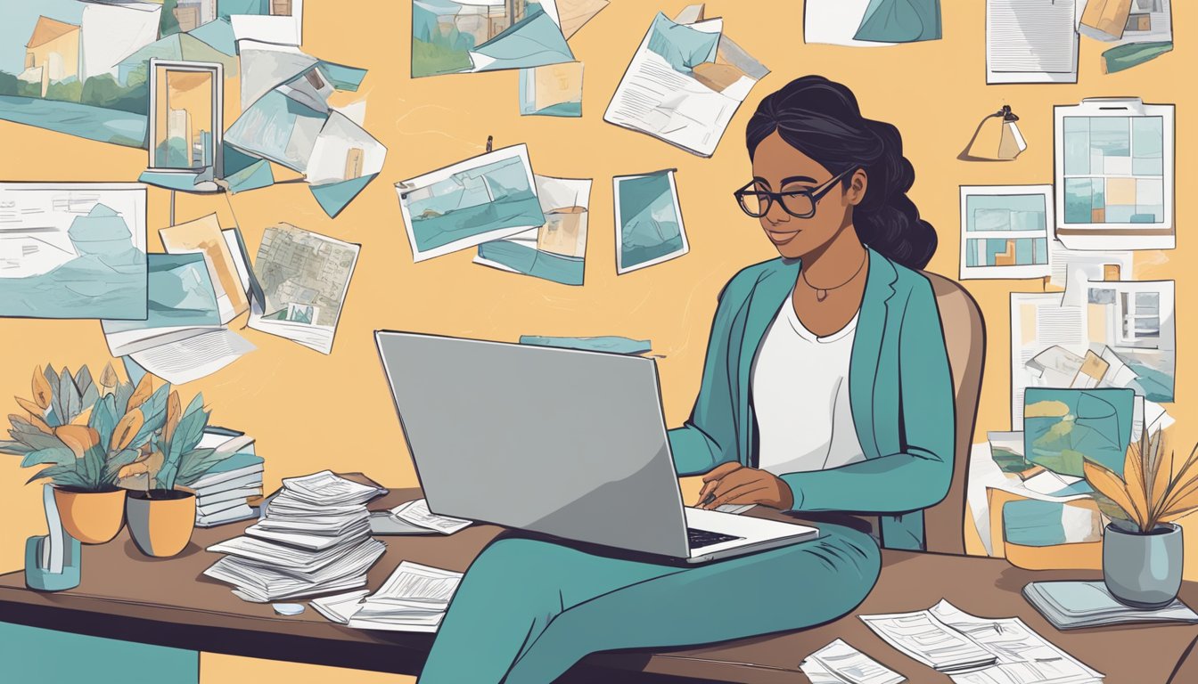 A person sits at a desk, surrounded by images of life's big moments - a wedding, a new home, a dream vacation. The person looks determined, with a laptop open and papers scattered around, as they research how to get a personal loan