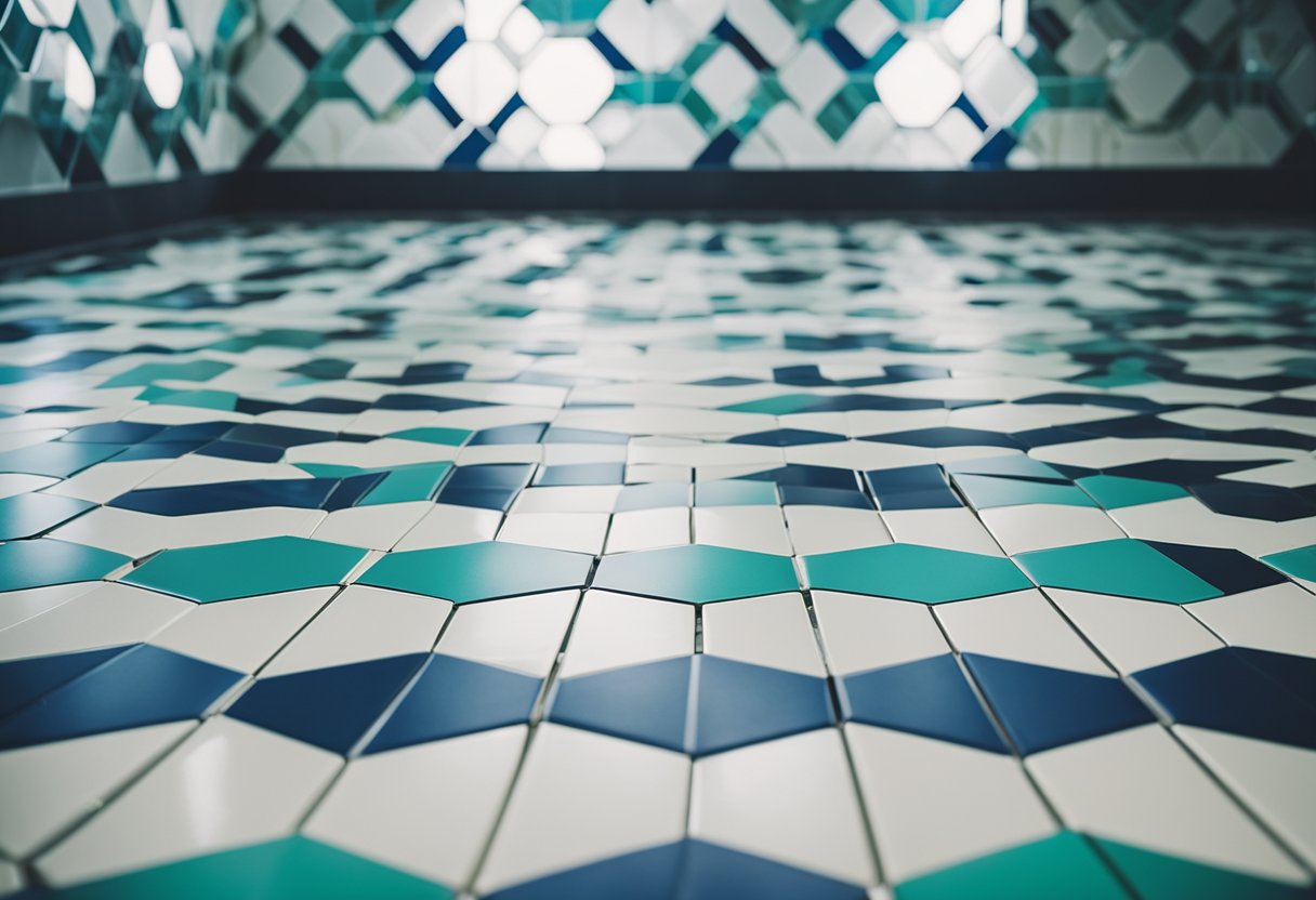A kitchen floor with geometric patterned tiles in shades of blue, green, and white, creating a vibrant and modern design