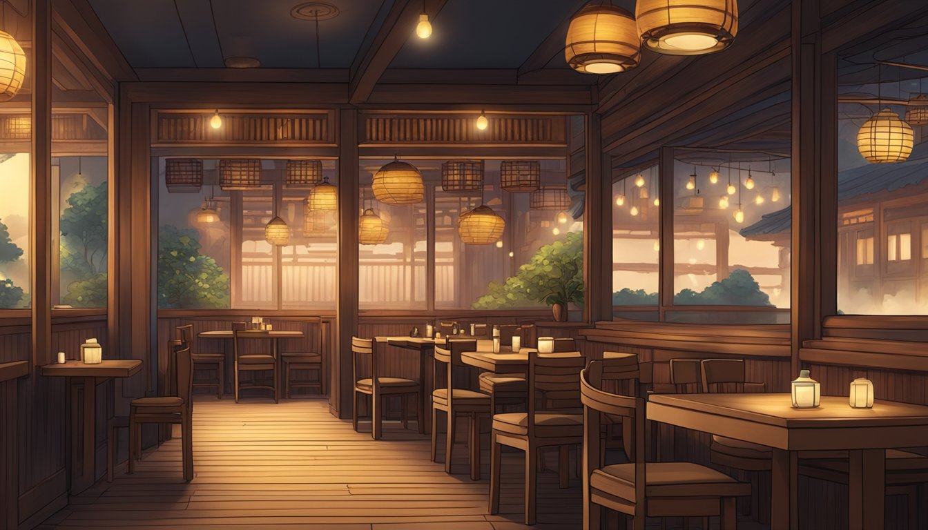 A cozy, dimly lit restaurant with wooden tables and chairs, soft ambient lighting, and a wall adorned with traditional Korean artwork