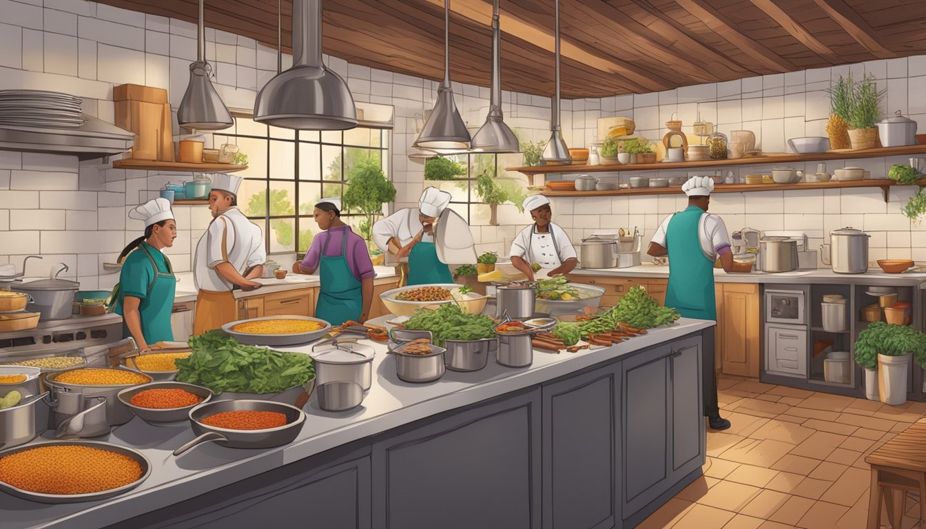 A bustling kitchen with chefs preparing diverse dishes, surrounded by colorful spices and fresh ingredients. A warm, inviting dining area filled with happy patrons enjoying their meals