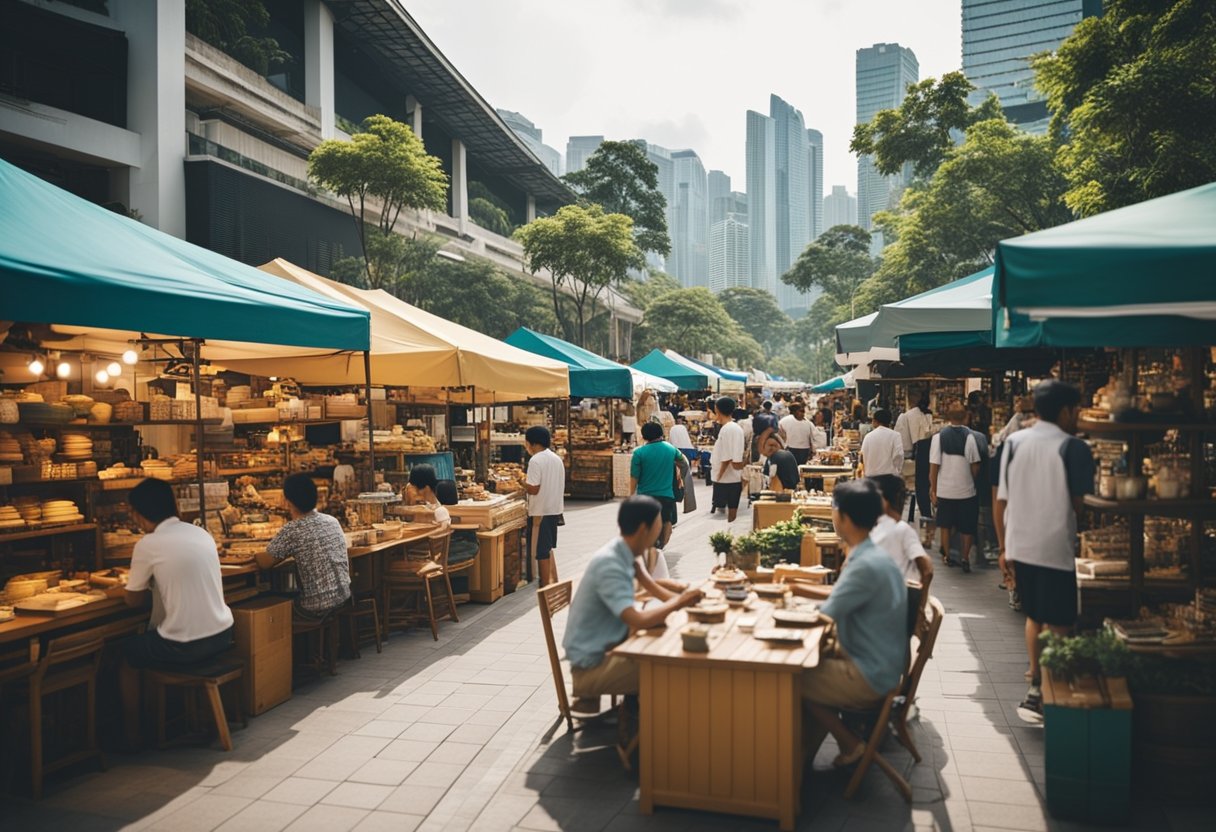 A bustling outdoor furniture market with colorful displays, price tags, and happy customers browsing for the best deals and services in Singapore