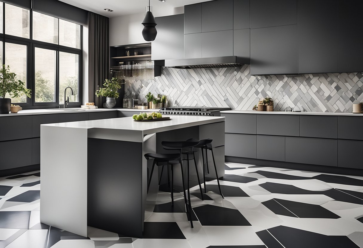 A modern kitchen with geometric patterned floor tiles in various shades of gray and white, creating a visually striking and contemporary design