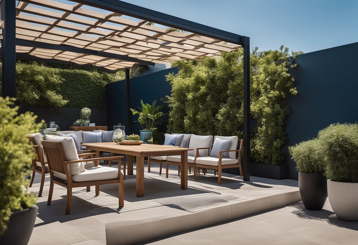 A cozy outdoor setting with modern furniture, lush greenery, and a clear blue sky. A pergola provides shade, while a table and chairs invite relaxation