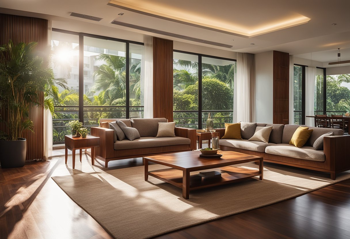 A cozy living room with mahogany furniture in Singapore. Sunlight streams through the window, casting warm hues on the polished wood surfaces
