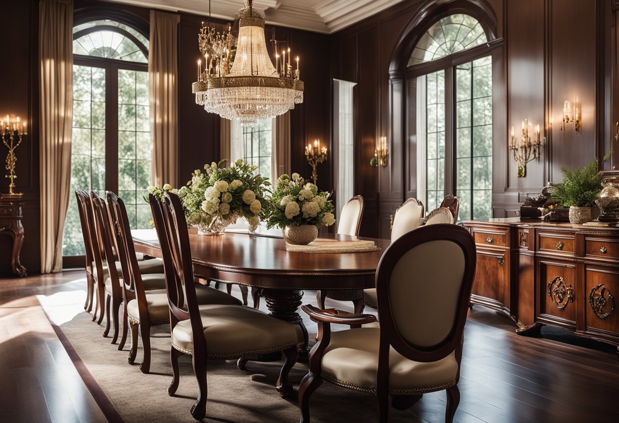 An elegant living room with rich mahogany furniture, including a grand dining table, ornate chairs, and a polished cabinet. Sunlight streams through the windows, casting warm hues on the luxurious wood