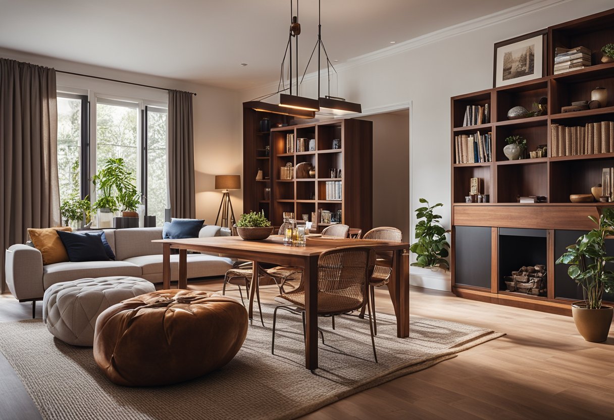 A cozy living room with a mahogany dining table, chairs, and a bookshelf. The warm tones of the wood create a welcoming and elegant atmosphere
