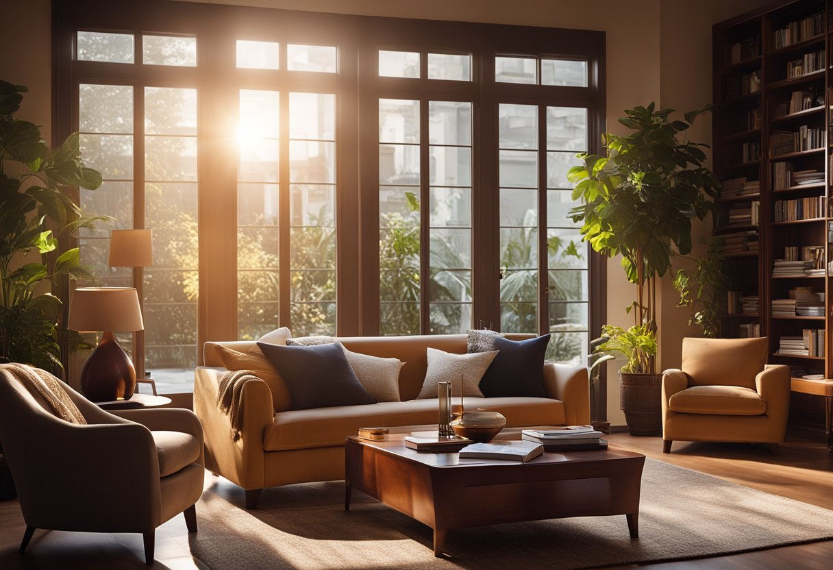 A cozy living room with a sleek mahogany coffee table, a matching bookshelf, and a comfortable armchair. The warm glow of the evening sun streams through the window, casting a soft light on the elegant furniture