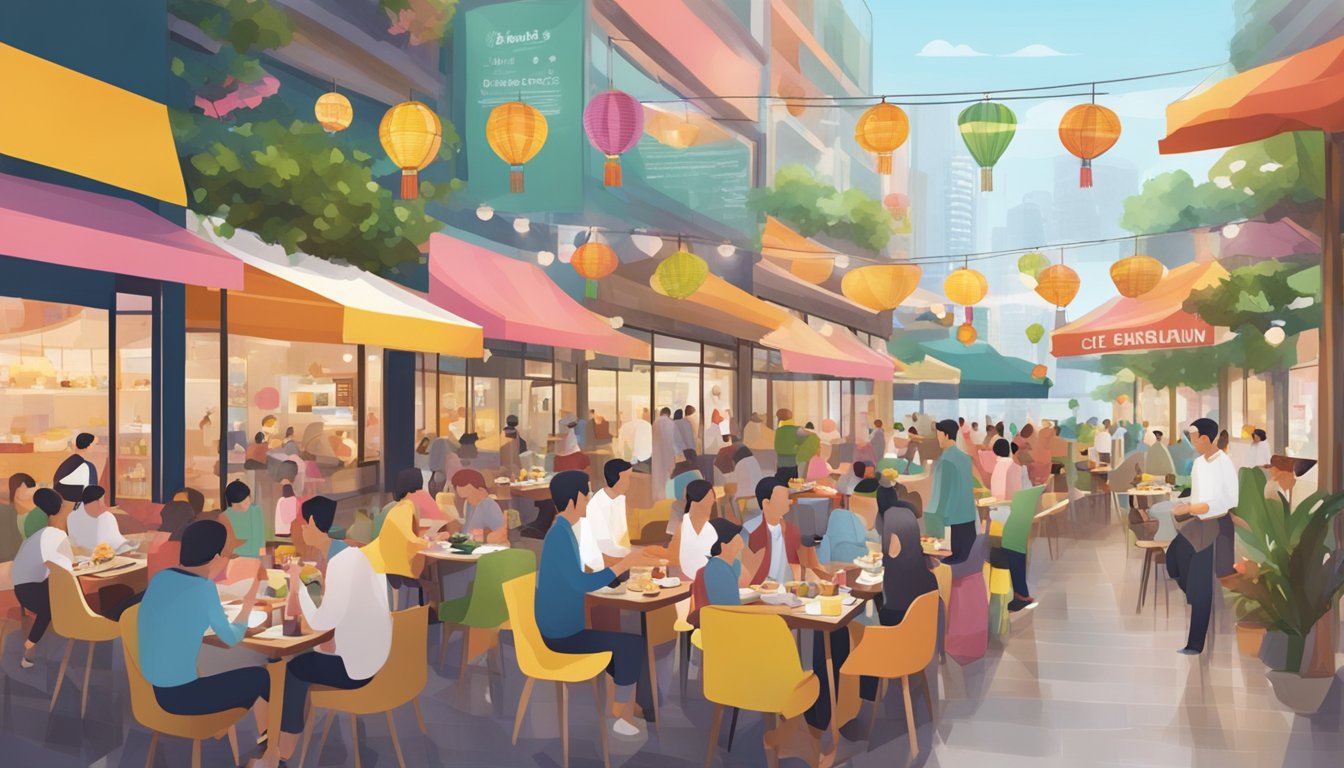A bustling scene of diverse restaurants at Orchard Gateway, with colorful signage and aromatic food wafting through the air