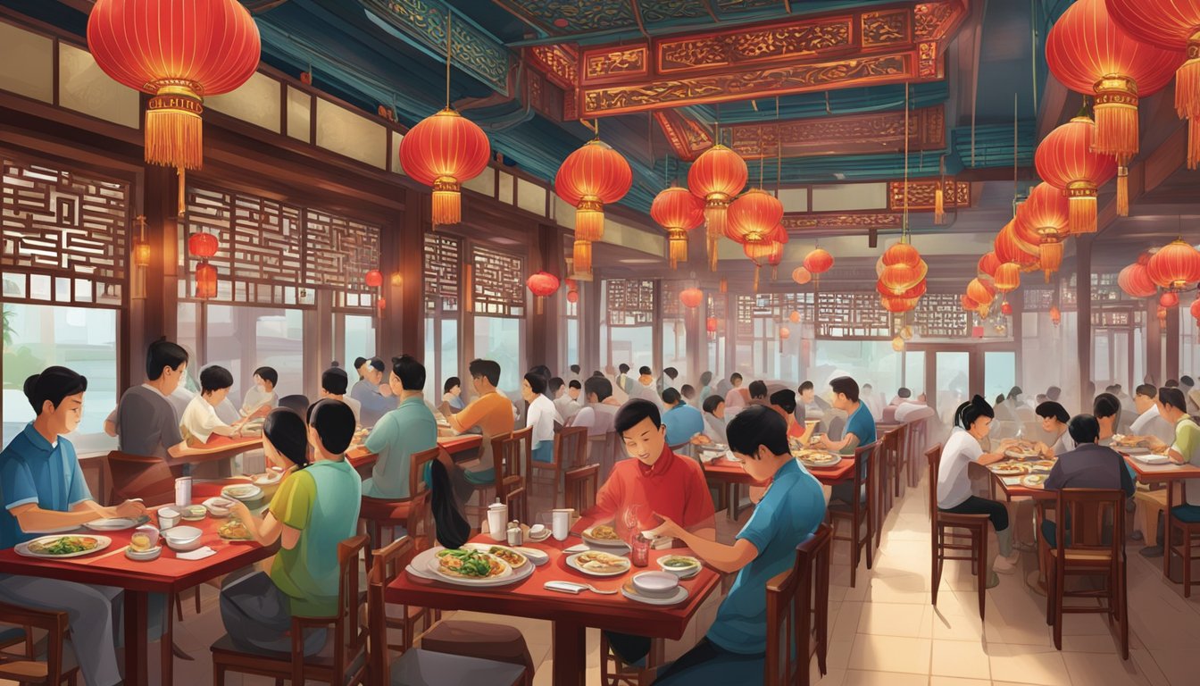 A bustling halal Chinese restaurant in Singapore, filled with the aromas of sizzling woks and steaming dumplings, adorned with traditional red lanterns and intricate calligraphy