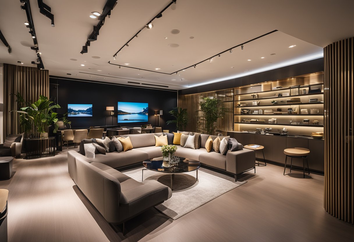 A modern showroom with sleek furniture displays and soft ambient lighting, showcasing the allure of AZ Furniture in Singapore
