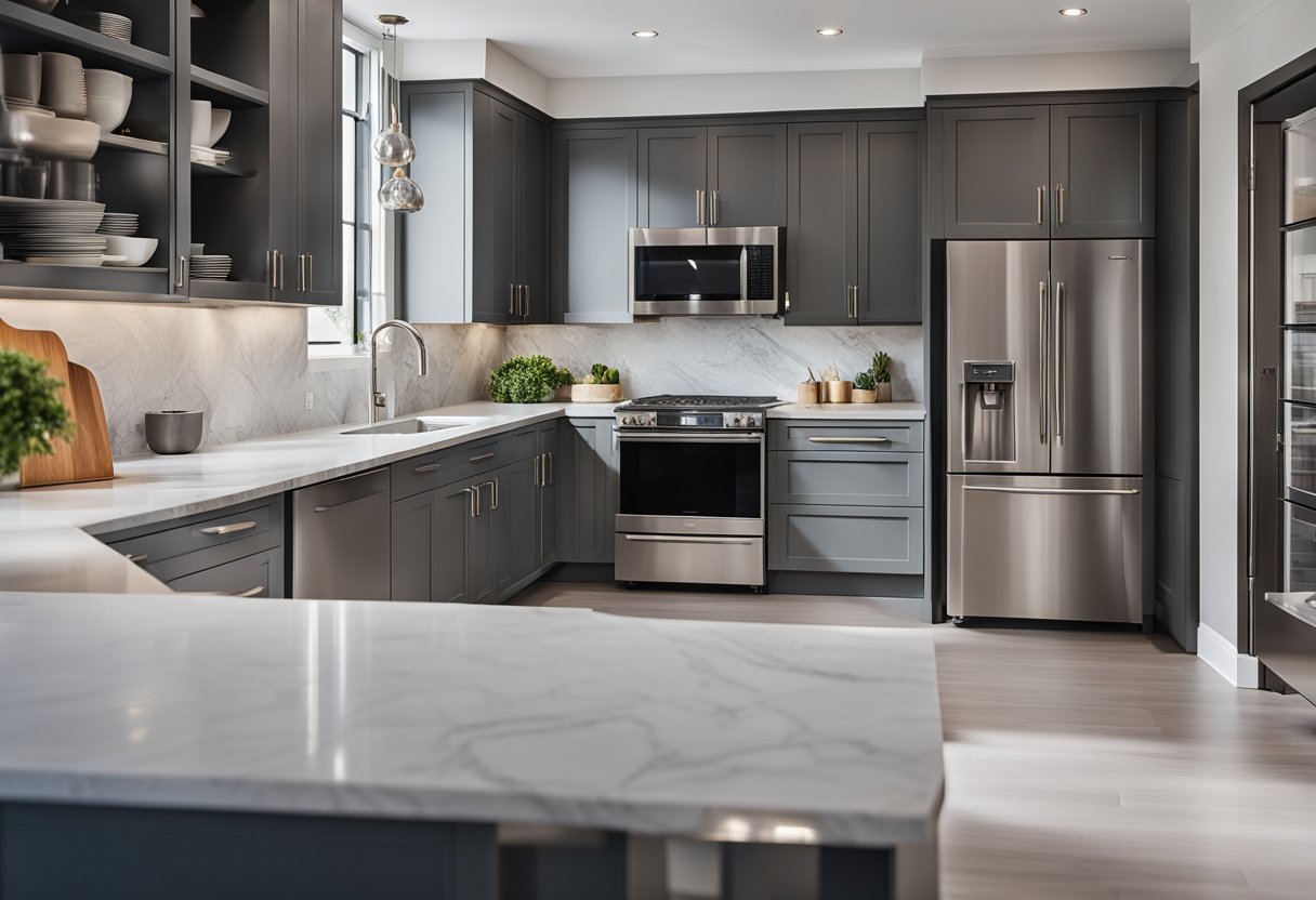 A sleek, modern kitchen with grey cabinets, stainless steel appliances, and marble countertops