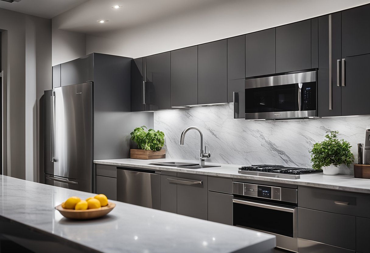 A sleek grey kitchen with stainless steel appliances, marble countertops, and minimalist cabinetry