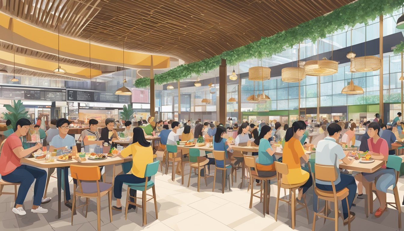 A bustling food court at orchard gateway, with a variety of restaurants and food outlets, filled with diners enjoying their meals