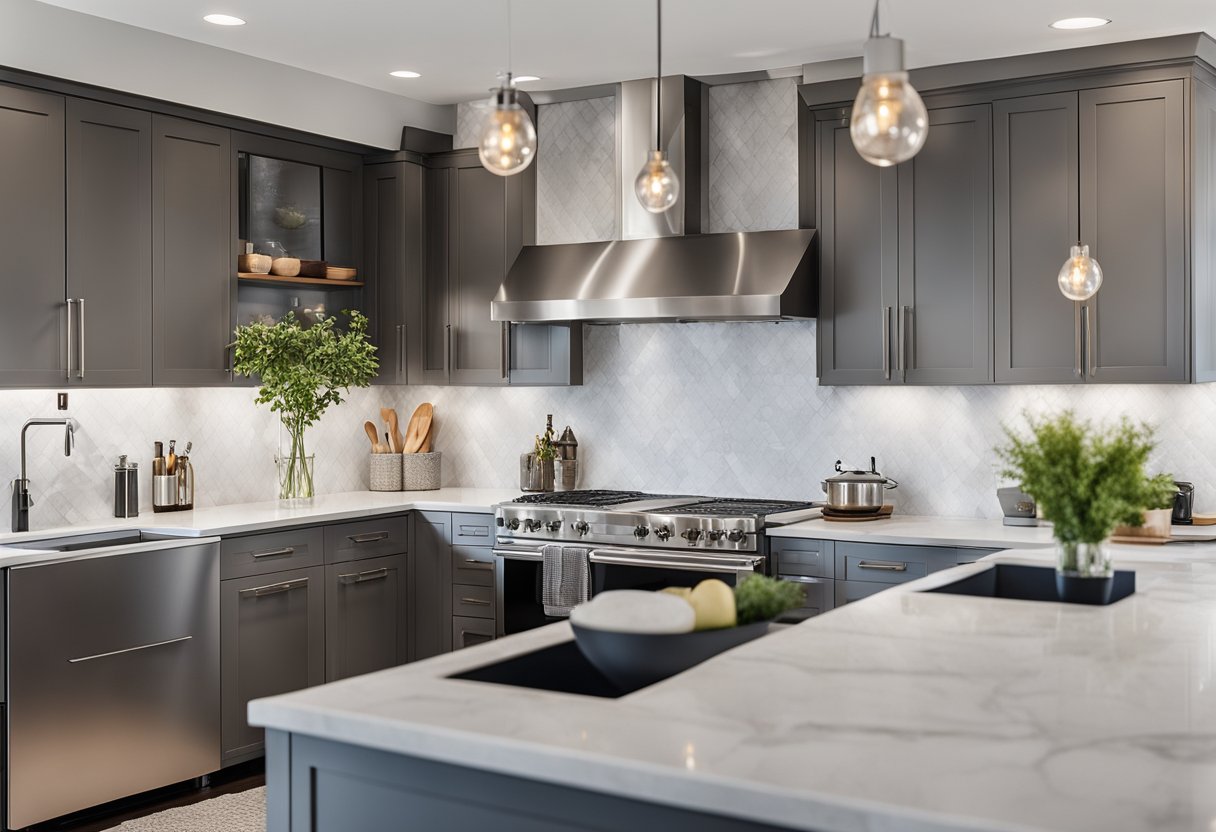 A modern grey kitchen with sleek cabinets, stainless steel appliances, and a marble countertop. The room is flooded with natural light from large windows, creating a bright and inviting space