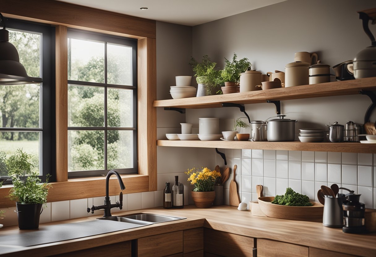 A simple wooden kitchen with a single window, a farmhouse sink, and open shelving