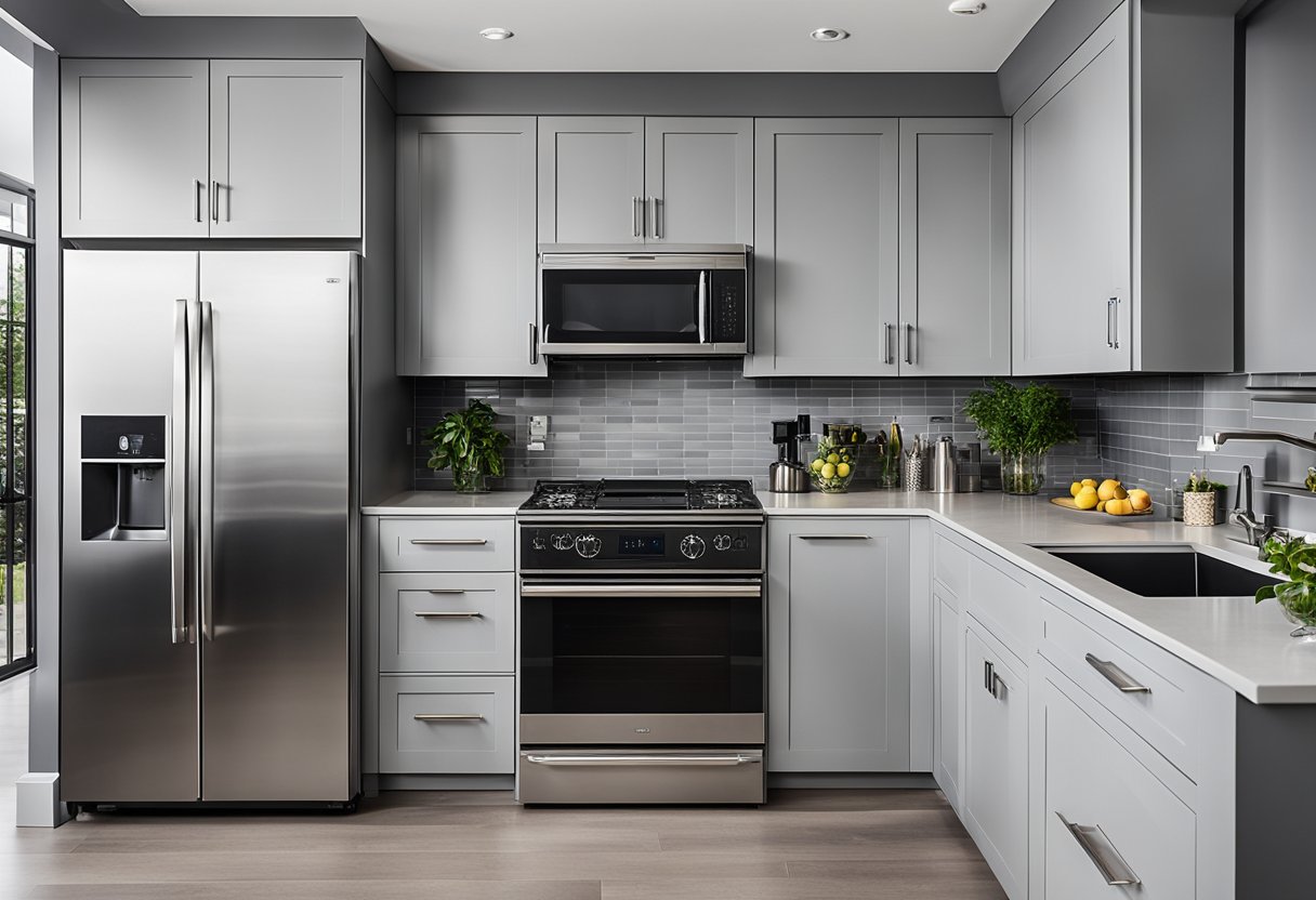 A sleek, modern kitchen with grey color scheme. Clean lines, stainless steel appliances, and minimalist design