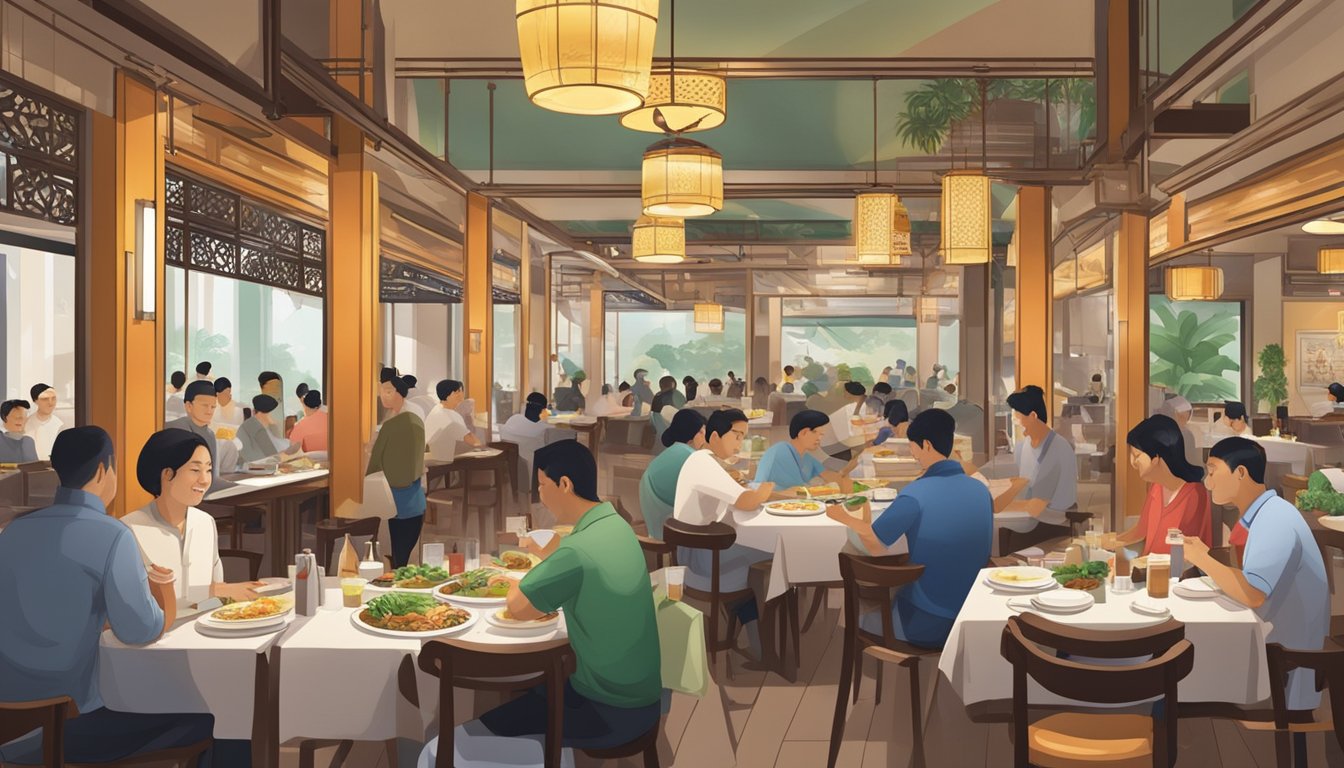A bustling halal Chinese restaurant in Singapore, with diners enjoying their meals and staff busy serving dishes